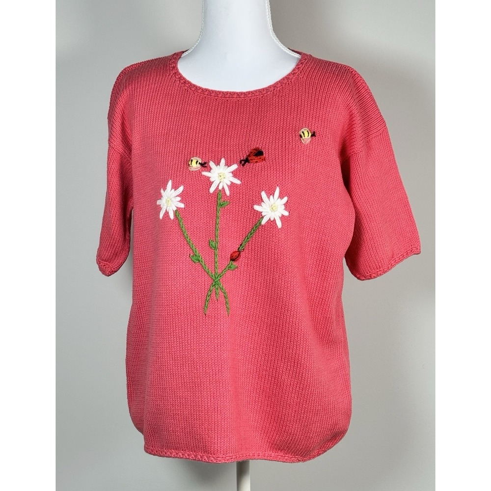 Vintage Rey Wear‎ Handknit Bolivian Cotton Embroidered Sweater Floral Ladybugs L